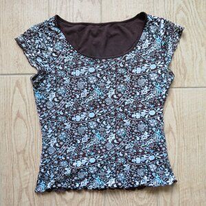 Vintage Y2K Brown Blue Paisley Stretch Top Size XS